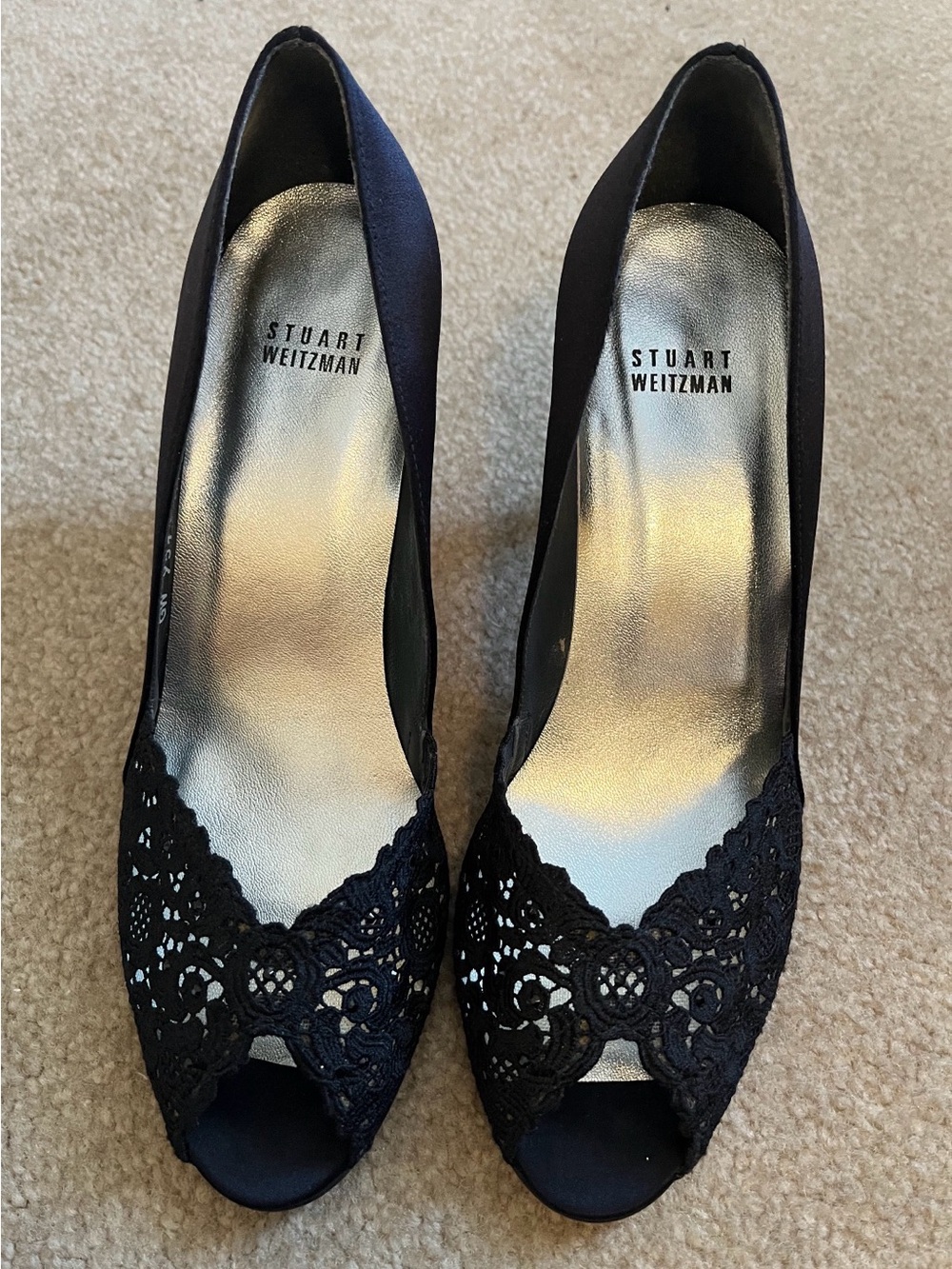 Stuart Weitzman Black Satin Lace Peep Toe Pumps Heels Size 9